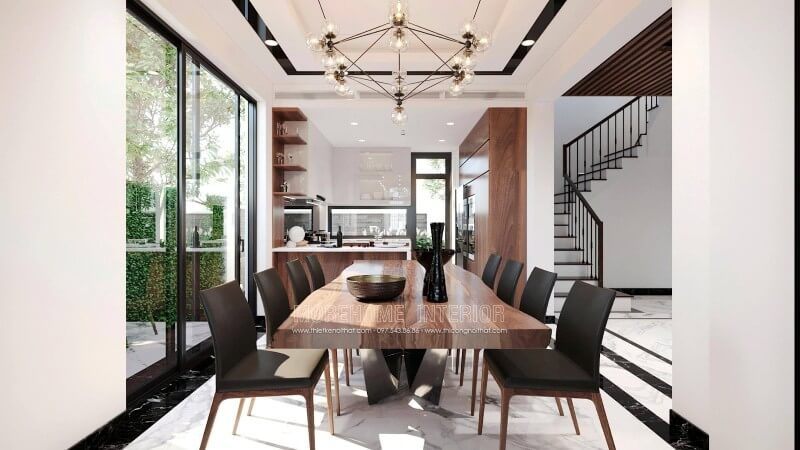 Trang trí nội thất phòng ăn biệt thự đẹp với chất liệu gỗ tự nhiên cao cấp