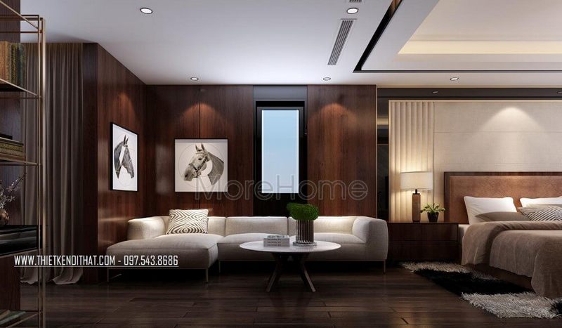 Bức tường được trang trí bằng những bức tranh canvas để tạo nên điểm nhấn cho căn phòng.