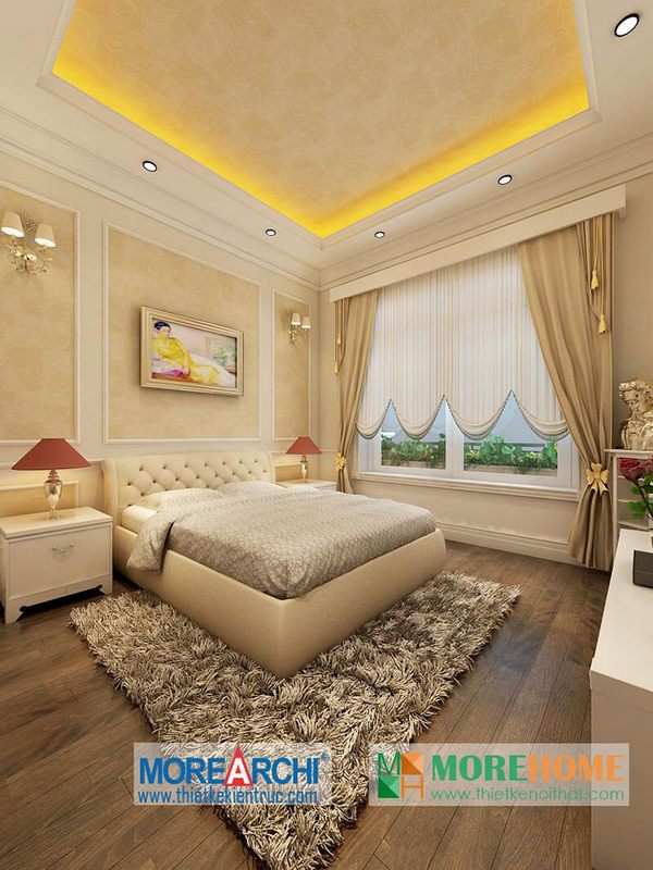 Mẫu giường ngủ gỗ bệt bọc nỉ với đầu giường được bọc da giúp tạo nên cảm giác ấm áp và gọn gàng.